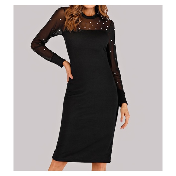 MBM Unlimited Dresses & Skirts - Black Mesh Faux Pearl Embellished Midi Dress